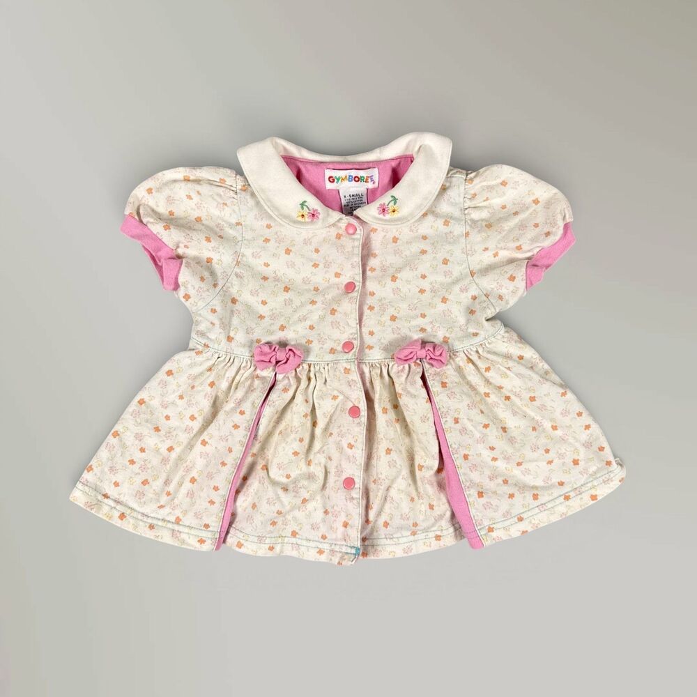 Vintage Gymboree Rainbow Tag Pleated Dress Pink White Floral Embroidered Size XS